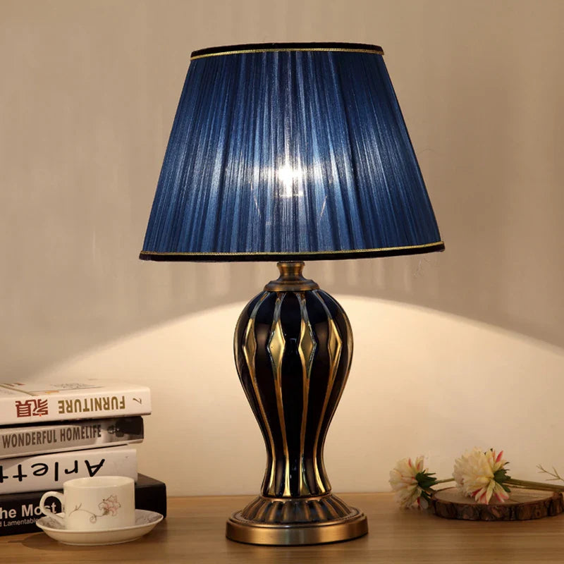 AntiqueGlow - Lampe de Bureau Céramique Bleue Peinte à la Main pour Salon