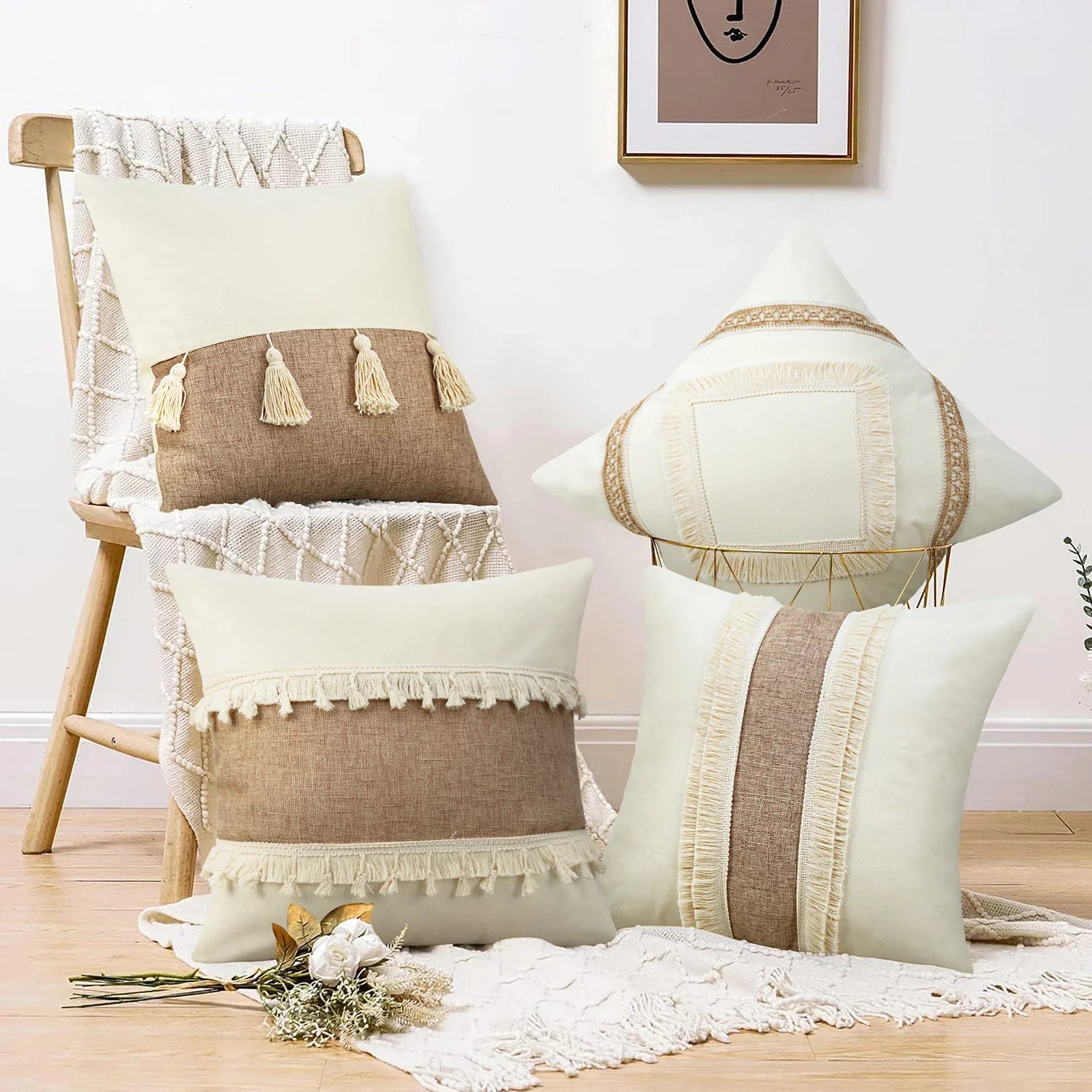 GeoBoho - Housse de Coussin Beige avec Motif Géométrique pour Déco Maison