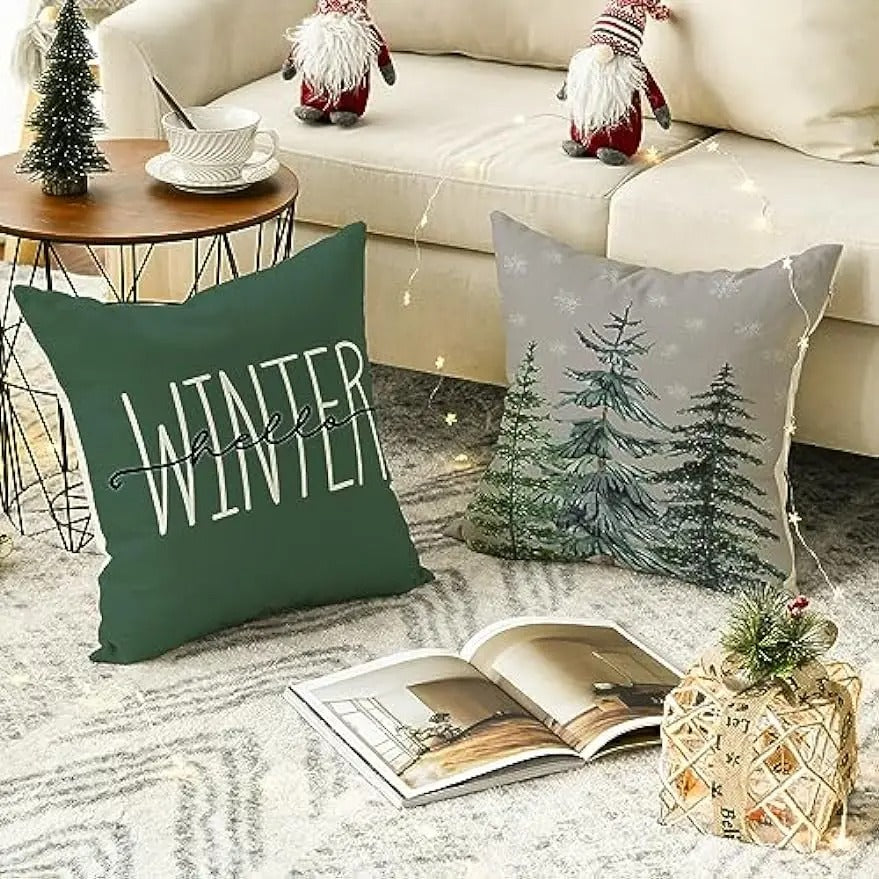 Housse de Coussin Colorée de Noël – Design 'Merry Christmas Tree' & 'Hello Winter'